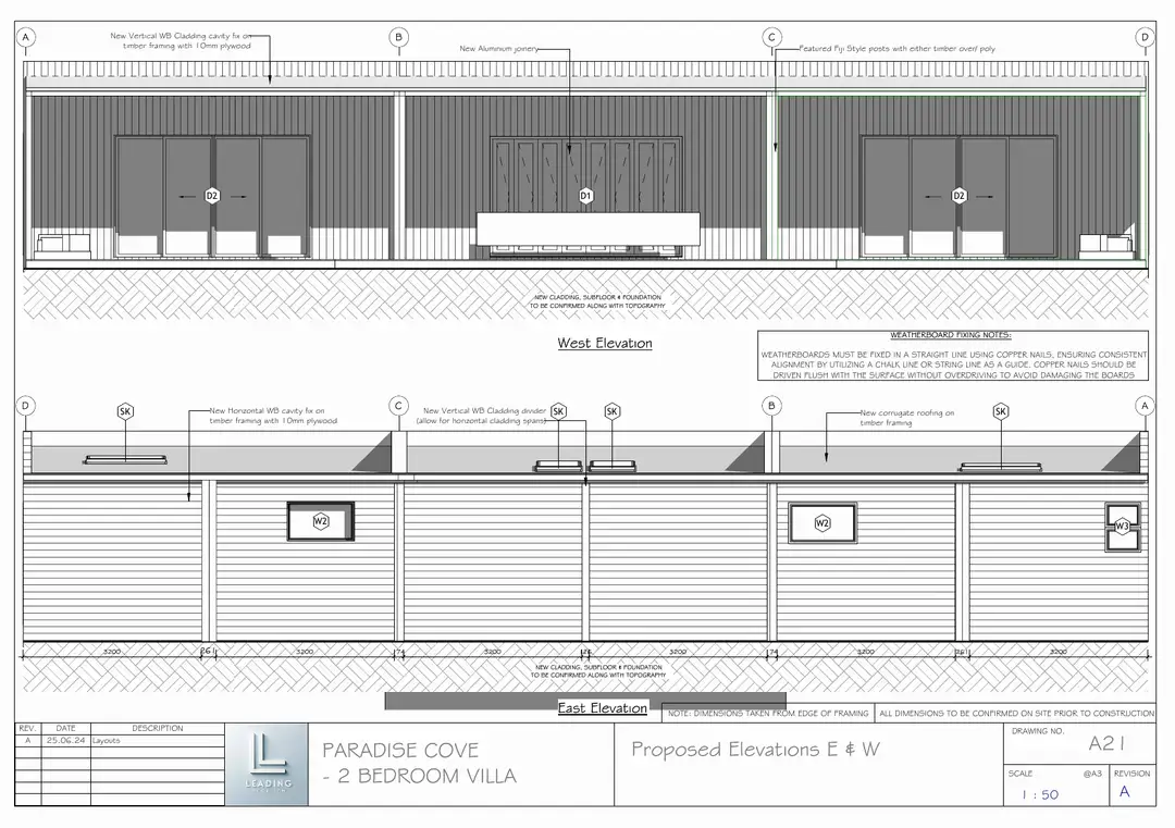 2 Bedroom Villa: Proposed elevations, east & west
