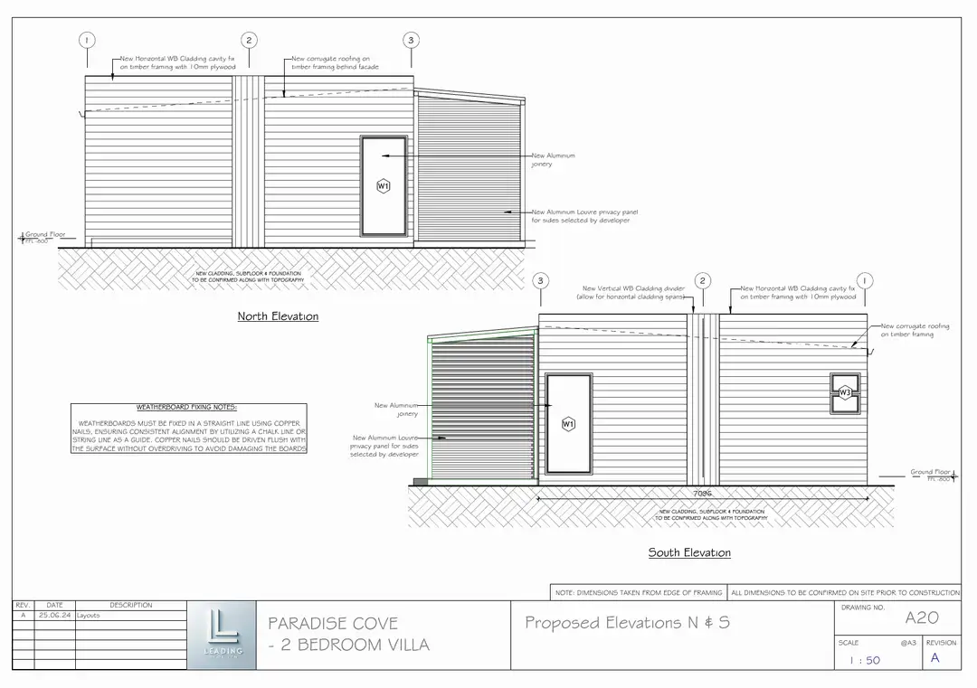 2 Bedroom Villa: Proposed elevations, north & south