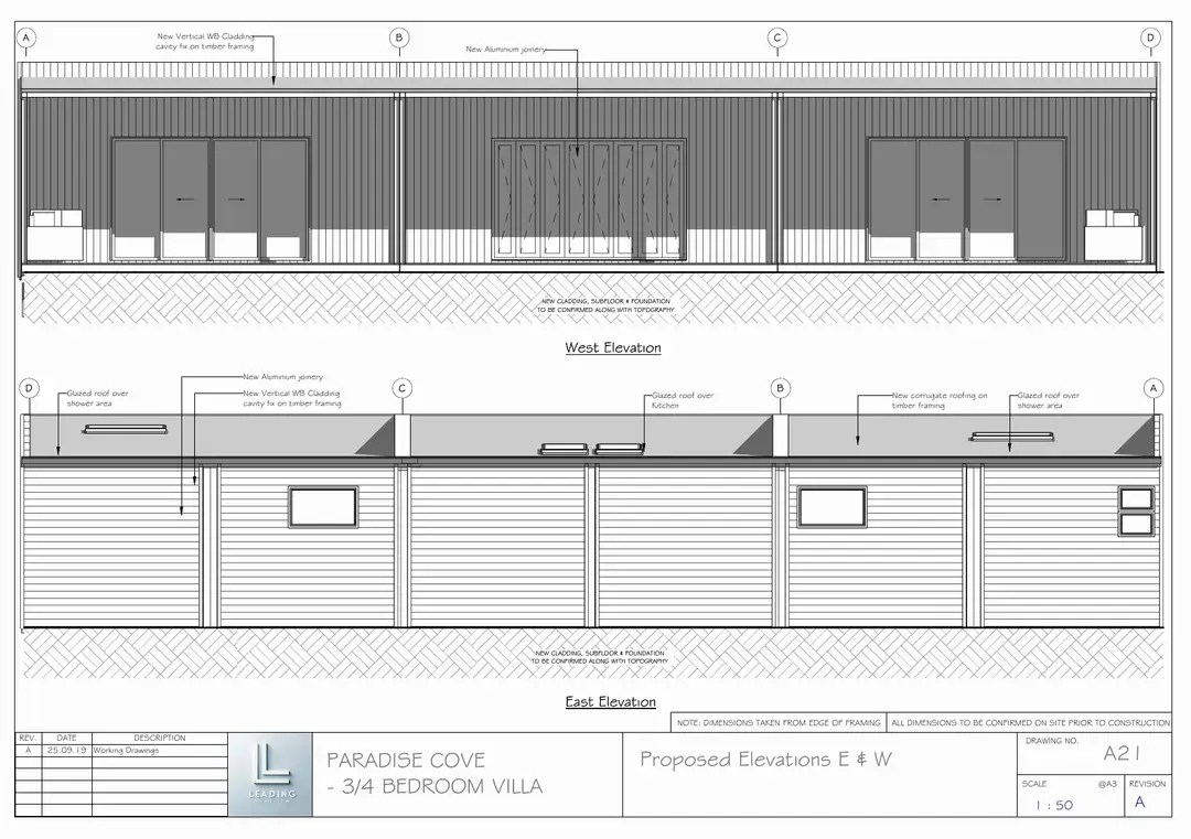 3/4 Bedroom Villa: Proposed elevations, east & west
